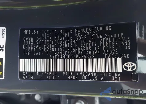 2025 Toyota Corolla Le from USA, damaged, VIN 5YFB4MDE9SP285378